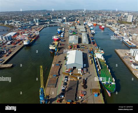 Aerial view from drone of Aberdeen harbour and port which is hub for ...