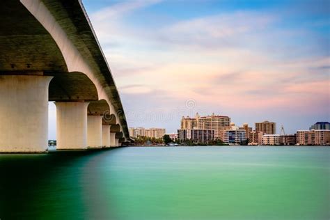 Sarasota, Florida Skyline and Bridge Across Bay at Night Stock Photo ...