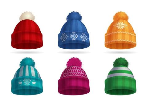 six winter hats with pom - poms in different colors and patterns on a ...