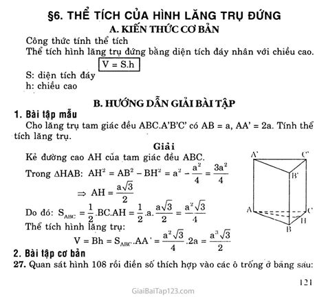 Giải bài tập Toán lớp 8: Bài 6. Thể tích của hình lăng trụ đứng