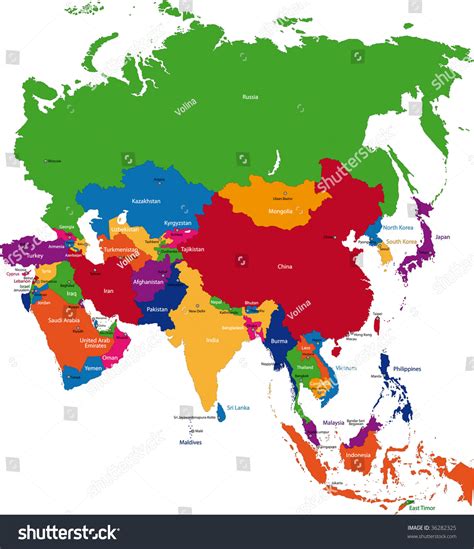 Colorful Asia Map Countries Capital Cities: ภาพประกอบสต็อก 36282325 | Shutterstock