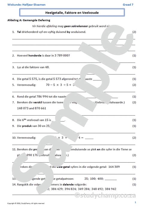 Graad 7 Wiskunde Halfjaar Hersiening: Werkboek 1