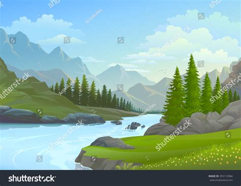 River Flowing Mountains Stock Vector 355112966 - Shutterstock