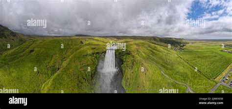 Drone view at Skogafoss waterfall on iceland Stock Photo - Alamy