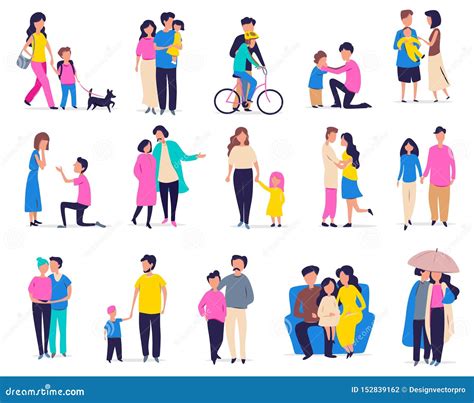 Family Leisure and Activity. Vector Illustration with Couples, Families with Children and ...