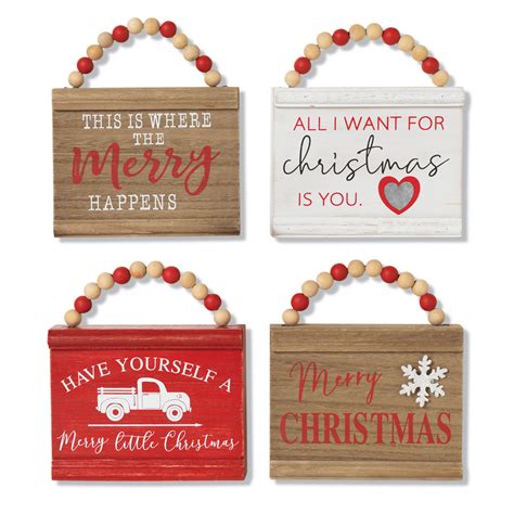 Wood Christmas Sign Ornaments With Beaded Hangers - Set of 4 Assorted