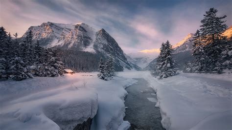 National Park Cabin Canada Alberta Banff River With Snow During Winter HD Nature Wallpapers | HD ...