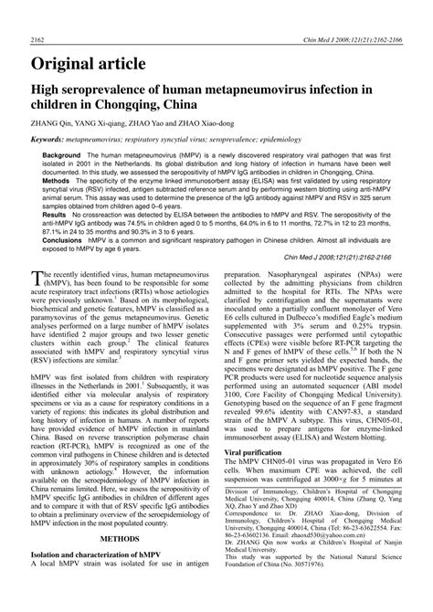 (PDF) High seroprevalence of human metapneumovirus infection in ...