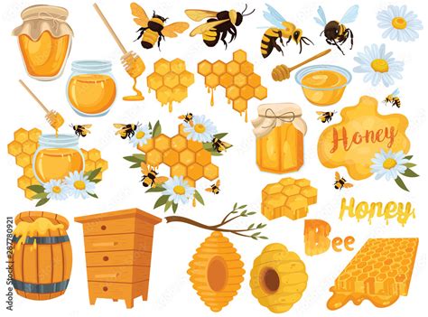 Honey set. Collection of beekeeping. Cartoon apiary set. Illustration ...