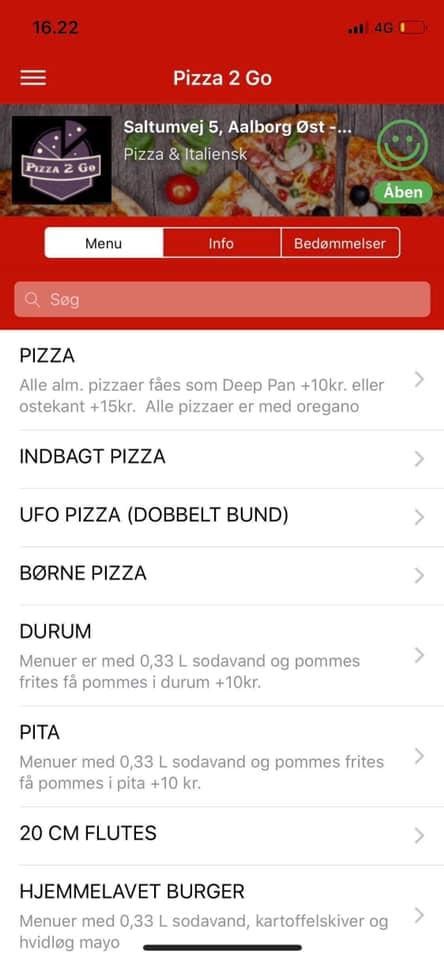 Menu at Pizza 2 Go restaurant, Aalborg