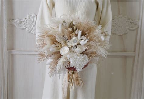 Pampas Grass& Natural Color Dusty /pampas Grass Wedding Bouquet Dried Bridal Bouquet Flower ...