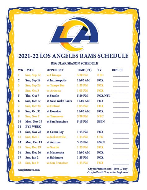 Printable 2021-2022 Los Angeles Rams Schedule