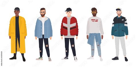 Collection of young men dressed in fashionable clothes isolated on white background. Set of guys ...