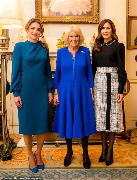 Queen Consort Camilla poses with Queen Rania of Jordan and Crown Princess Mary of Denmark ...