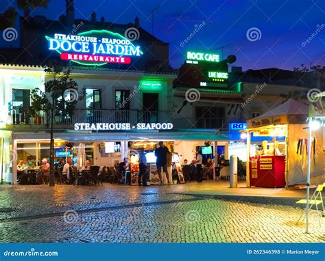 Nightlife in Albufeira at the Algarve in Portugal with Illuminated Bars Clubs and Restaurants ...