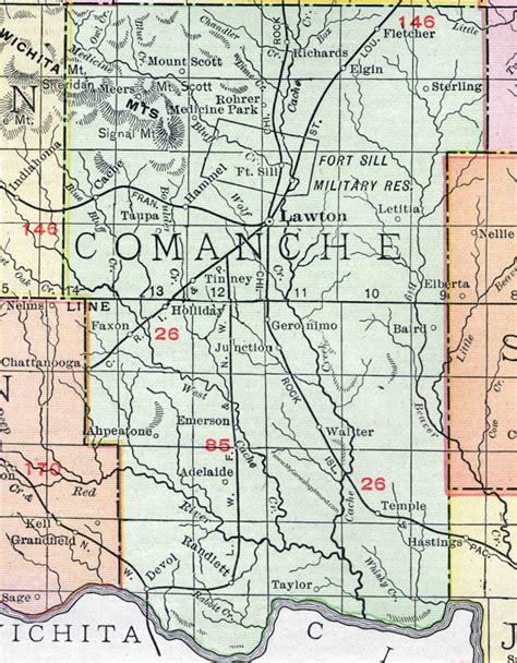 Comanche County, Oklahoma 1911 Map, Rand McNally, Lawton, Fort Sill, Geronimo