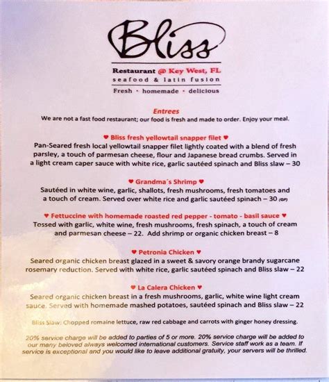 Menu at Bliss Restaurant Key West, Key West