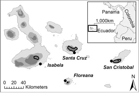 Map of the Galápagos Islands. Broad climatic zones are shown (light ...