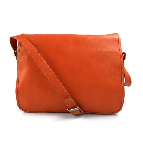 Mens leather bag shoulder bag genuine leather messenger orange