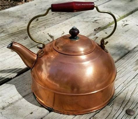 Vintage Revere Ware 1801 Copper Tea Pot Kettle Red Wood and Brass ...