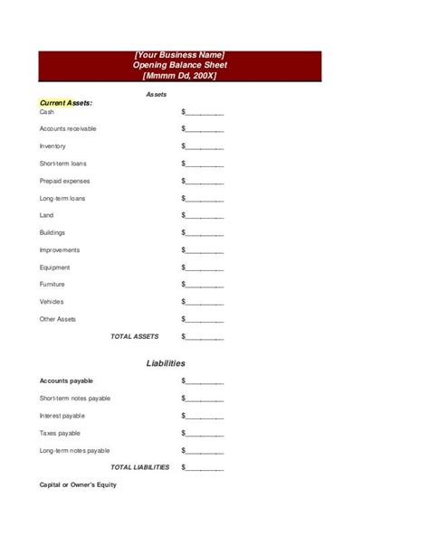 sample opening balance sheet | Balance sheet, Short term loans, Balance