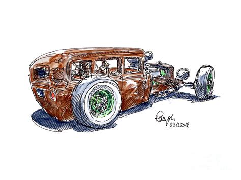 American Hot Rod Custom Car Ink Drawing and Watercolor Drawing by Frank ...