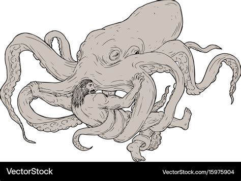 Hercules fighting giant octopus drawing Royalty Free Vector