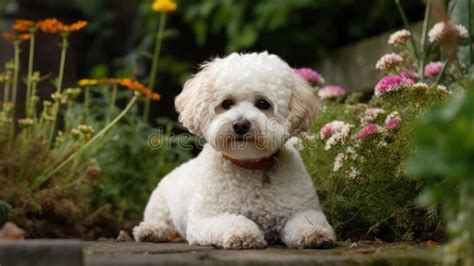 A Bichon Frise with Curly Hair Resting in a Garden Created with ...