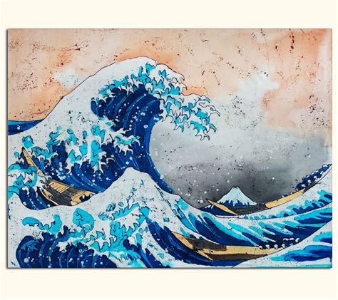 Great Wave Kanagawa Hokusai Silk Painting Batik Wall Hanging Japanese ...