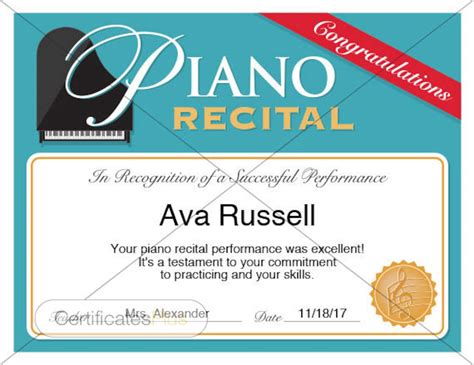 Piano Recital Certificate, Piano Award Printables, Child Certificate, Piano Template ...