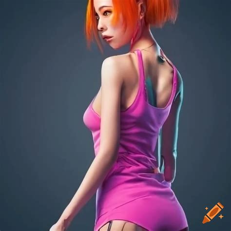 Cyberpunk asian woman with orange hair in pink racerback tank top