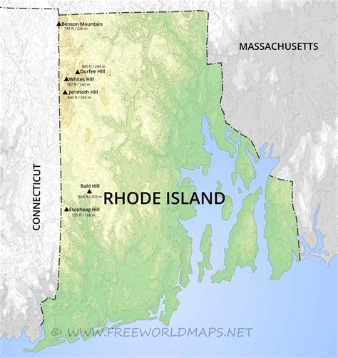 Physical map of Rhode Island