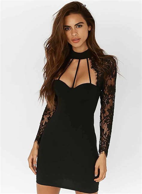 Women's Long Sleeve Lace Bodycon Cut out Mini Dress - STYLESIMO.com