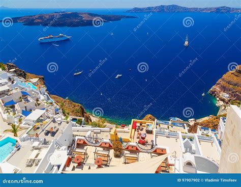 Santorini Volcanic Caldera As Seen from Fira, Capital of Santorini, Greece. Hotels with ...