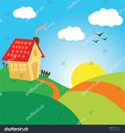 Cartoon Drawing Village Landscape House On Stock Vector 59582713 - Shutterstock