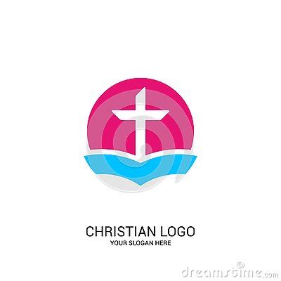 Christian Church Logo. Bible Symbols. The Open Bible And The Cross Of Jesus Christ Cartoon ...