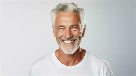 AI generated Photo 50s middle aged elderly senior model man with grey hair smiling white ...