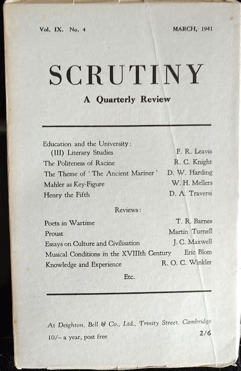 Scrutiny, A Quarterly Review: Vol. IX No 4 March, 1941 by Harding, D. W ...