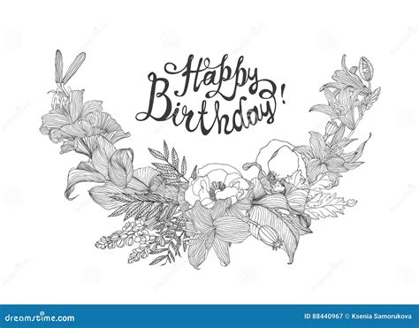 Happy Birthday! Vector Card with Flowers Stock Vector - Illustration of congratulation, lily ...