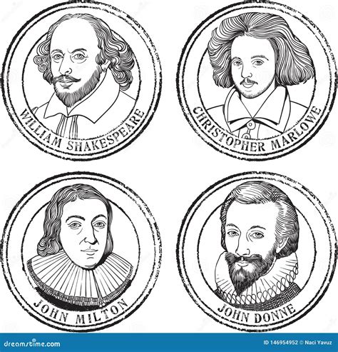 English Poets, Playwrights Portraits Stamp Set in Line Art Stock Vector ...