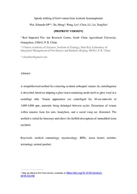 (PDF) Speedy milking of fresh venom from Aculeate hymenopterans [PREPRINT VERSION] | Eduardo Fox ...