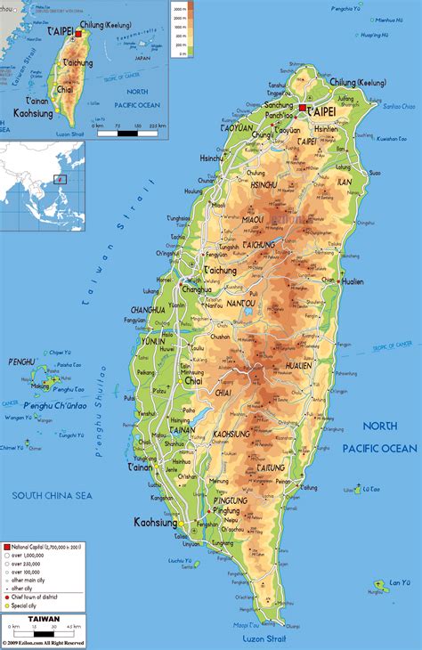 Large physical map of Taiwan with roads, cities and airports | Taiwan | Asia | Mapsland | Maps ...