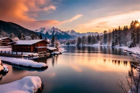 Premium Photo | A cabin on a lake in the snow