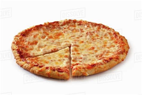 Plain Cheese Pizza Sliced Once on a White Background - Stock Photo - Dissolve