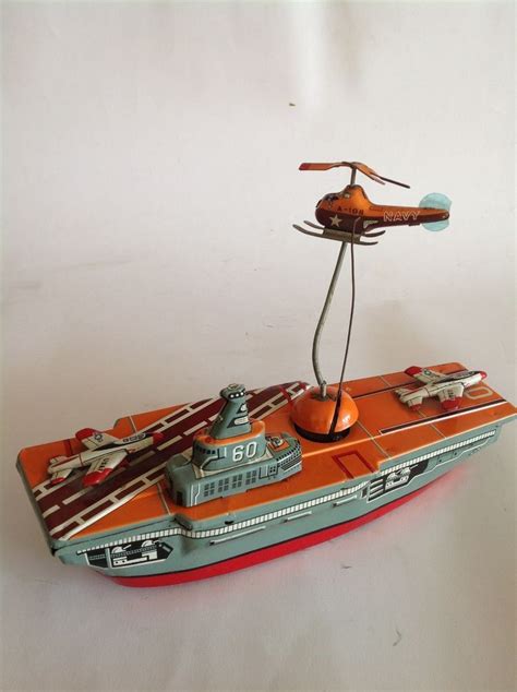 Vintage 1960's Japan MY Navy Aircraft Carrier Helicopter FRICTION Tin Toy #MY Antique Metal ...