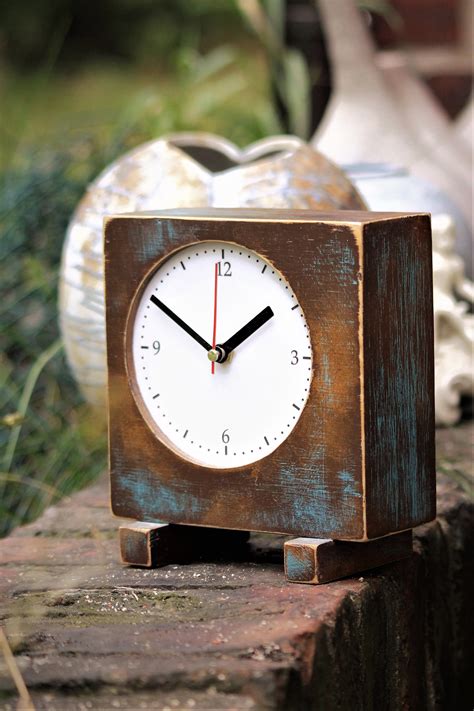 Desk Clock Brown Gold Turquoise, Wooden Table Clock, Unique Square Wood Clock, Wooden Shaded ...