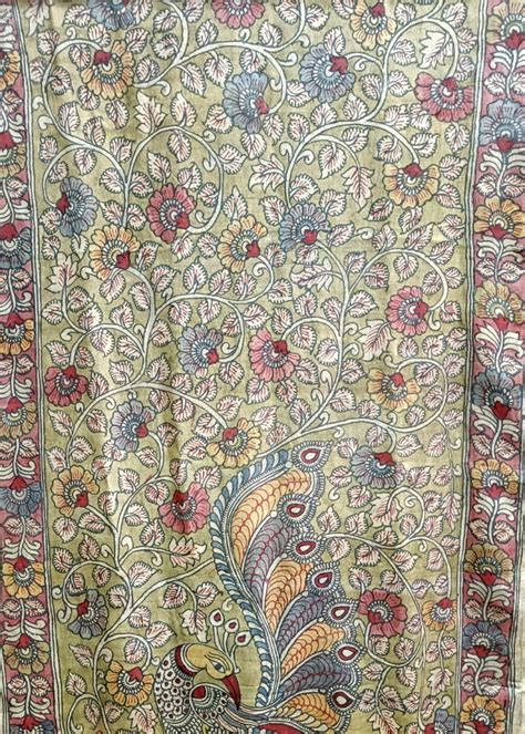 Kalamkari Handpainted Green Tussore Silk Dupatta | Kalamkari Design Studio