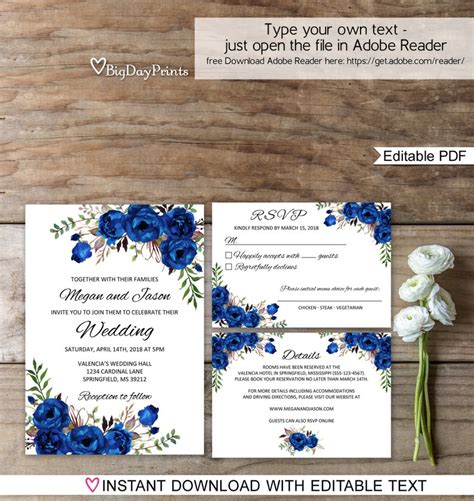 Blue Wedding Invitation Template Royal Blue Wedding | Etsy