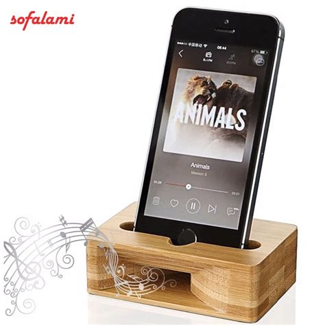 Cell Phone Stand Holder Bamboo Wood Dock with Sound Amplifier Natural Stands Within 5.2 Inches ...