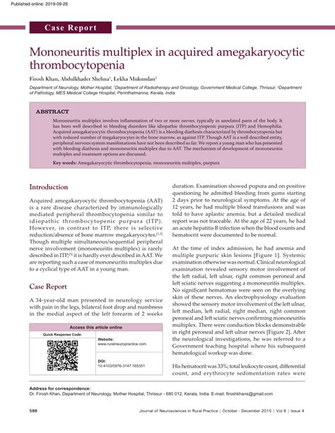 (PDF) Mononeuritis multiplex in acquired amegakaryocytic thrombocytopenia